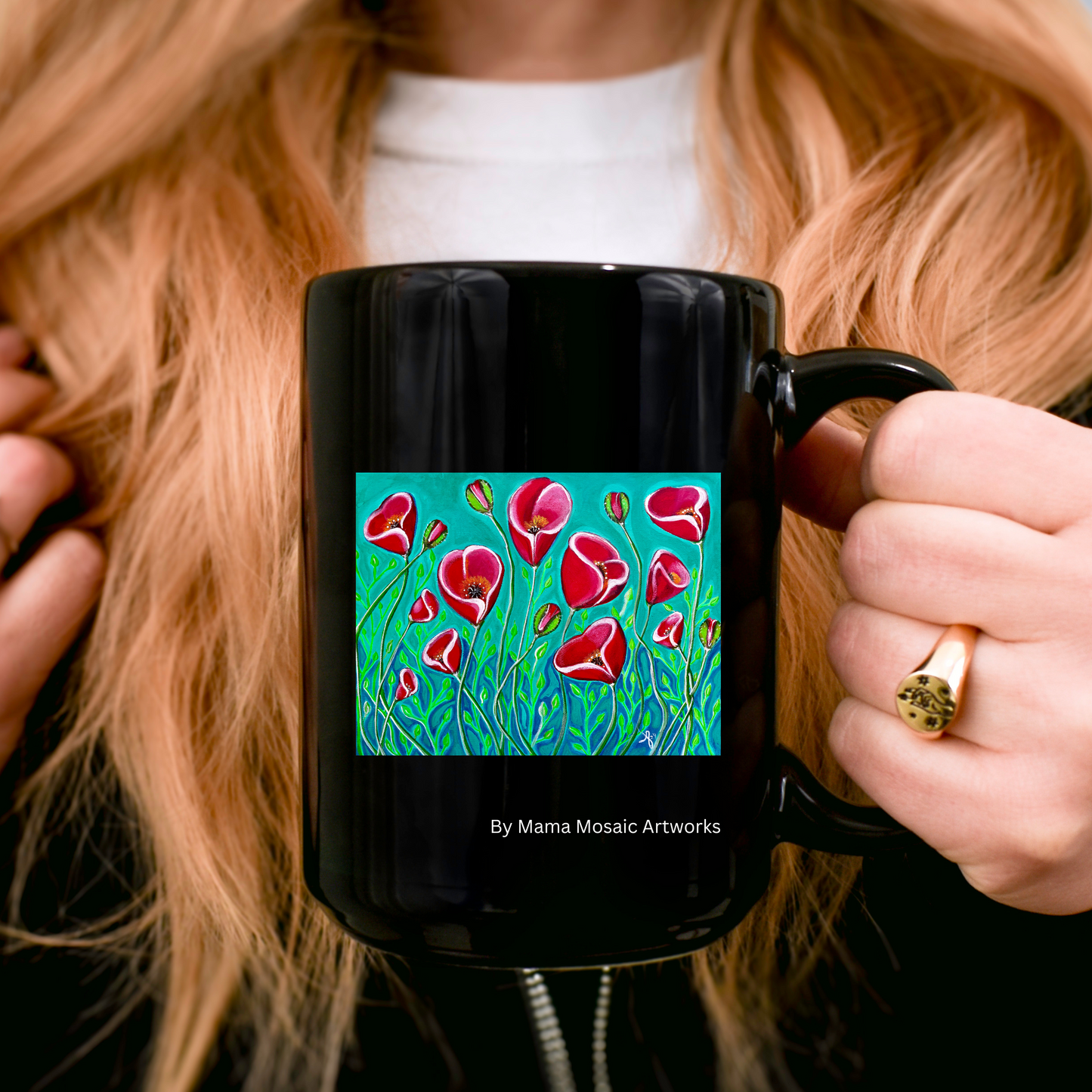 Poppies from Mama Mosaic Artworks - 15 oz Black Glossy Ceramic Mug