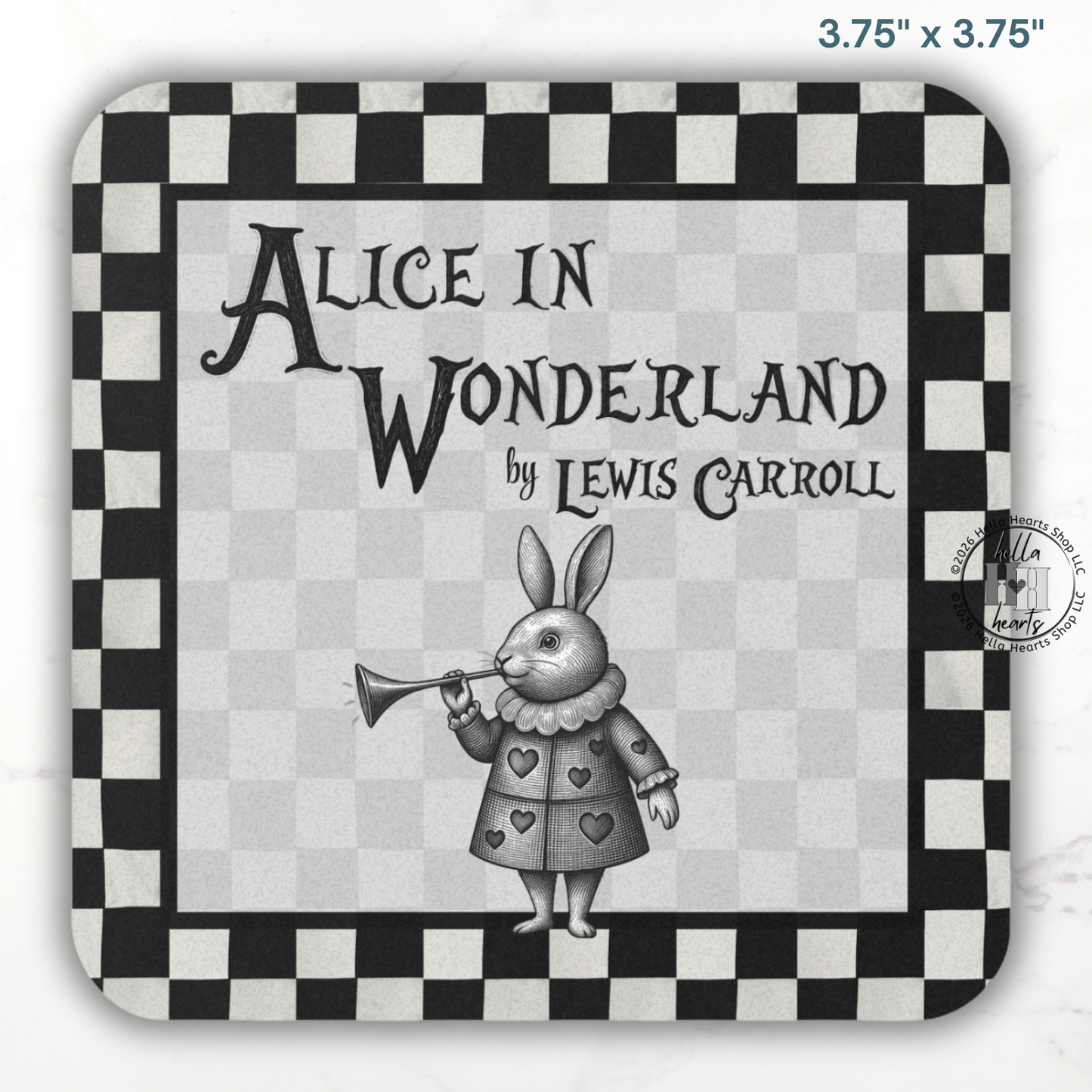 Chessboard BW Alice in Wonderland Coasters,  Bookish Gift, Classic Lit, Cork Back