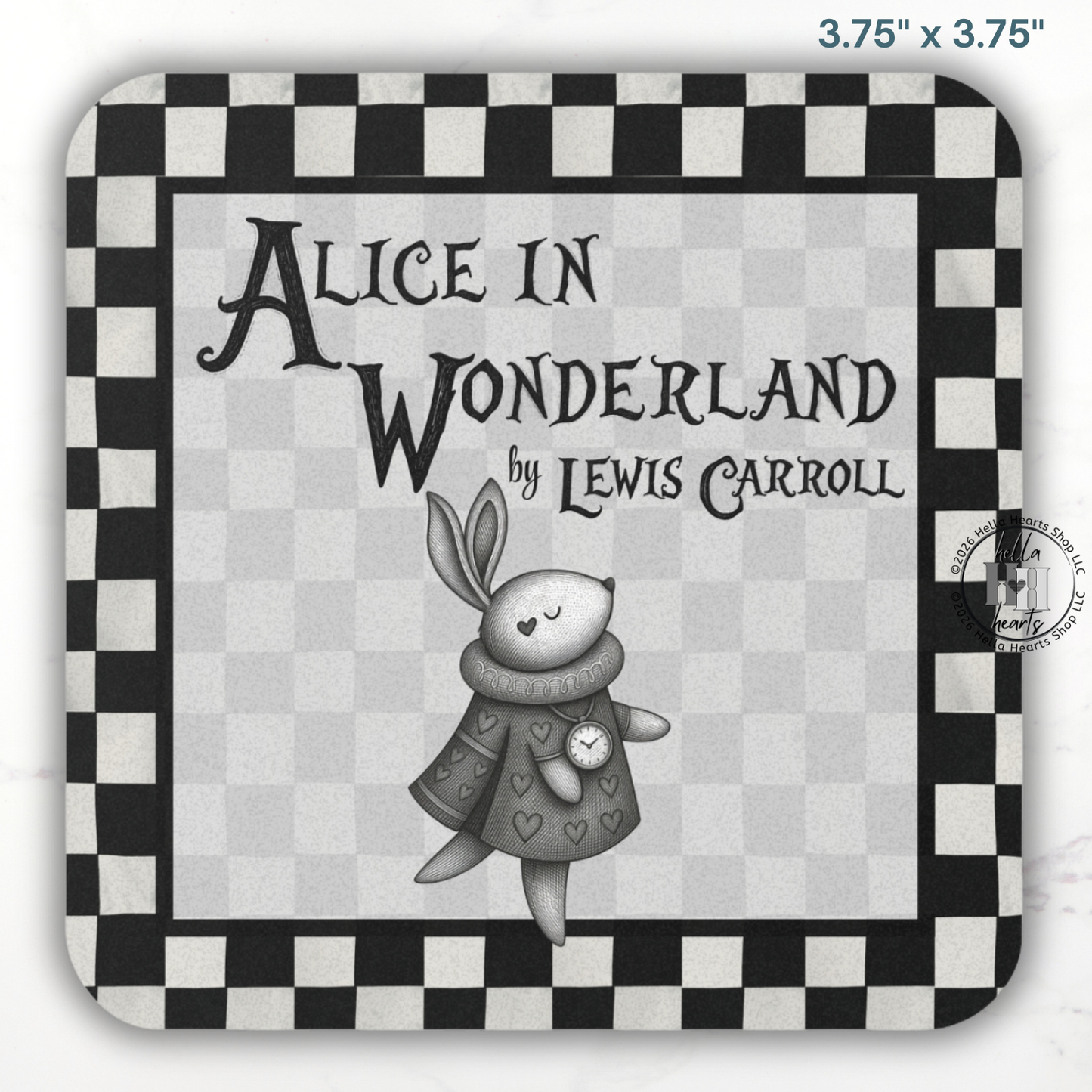 Chessboard BW Alice in Wonderland Coasters,  Bookish Gift, Classic Lit, Cork Back