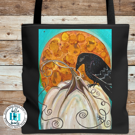 Raven Tote Bag - Original Art, Raven and White Pumpkin from Mama Mosaic Artworks - 3 Sizes