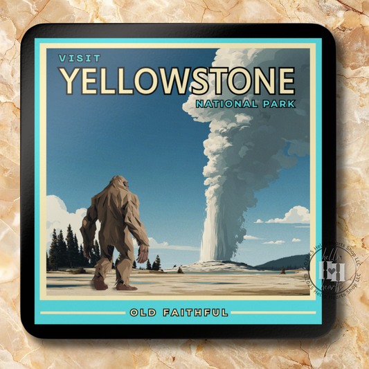 Sasquatch at National Parks Retro Travel Poster Coaster Set