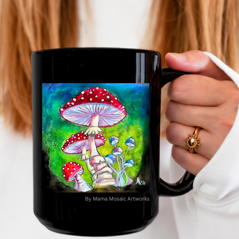 Shrooms Mug - 15oz Glossy Ceramic - Shroomtasia from Mama Mosaic Artworks