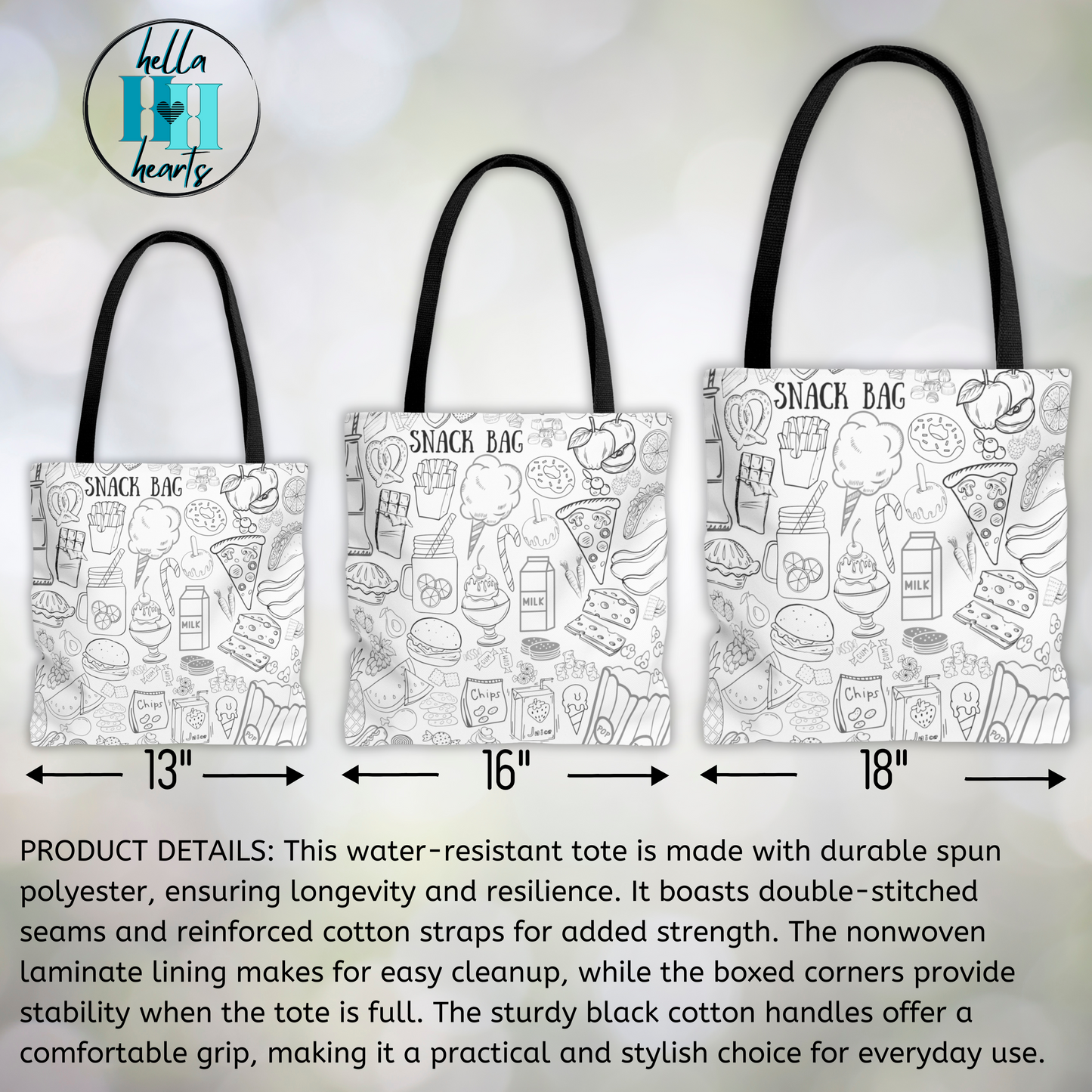 Snacks Tote Bag - Road Trip Bag - Water Resistant Tote - 3 Sizes