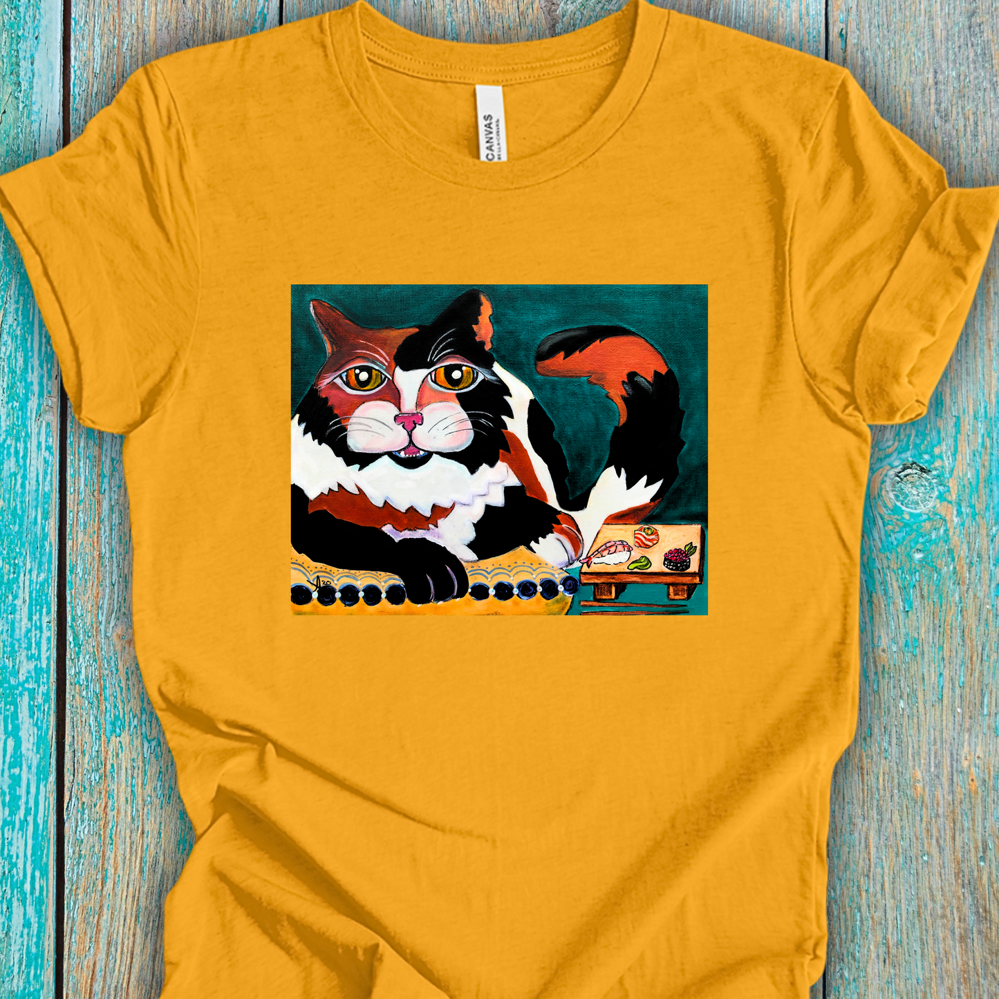 Calico Cat Sushi TShirt - Original Painted Art, Sushi Cat, from Mama Mosaic Artworks