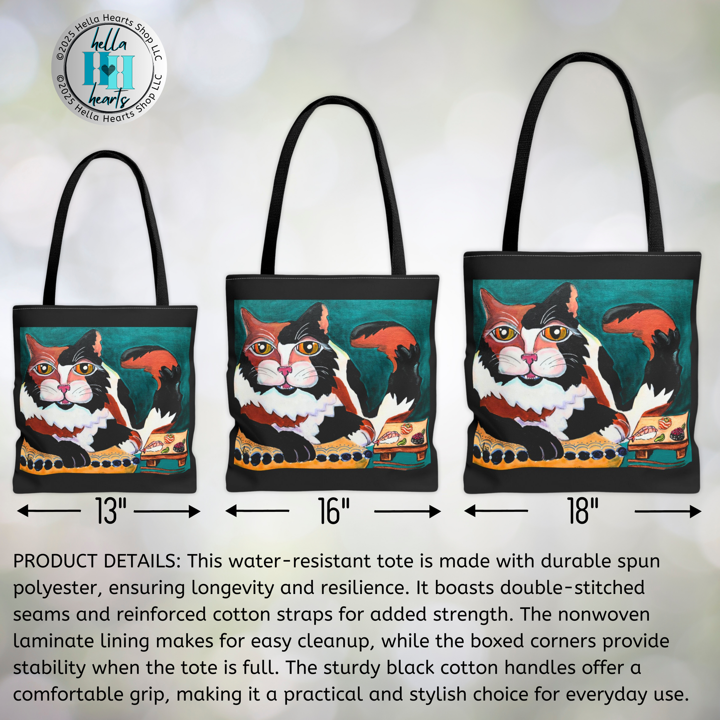 Calico Cat Tote Bag - Original Art, Sushi Cat, from Mama Mosaic Artworks - 3 Sizes