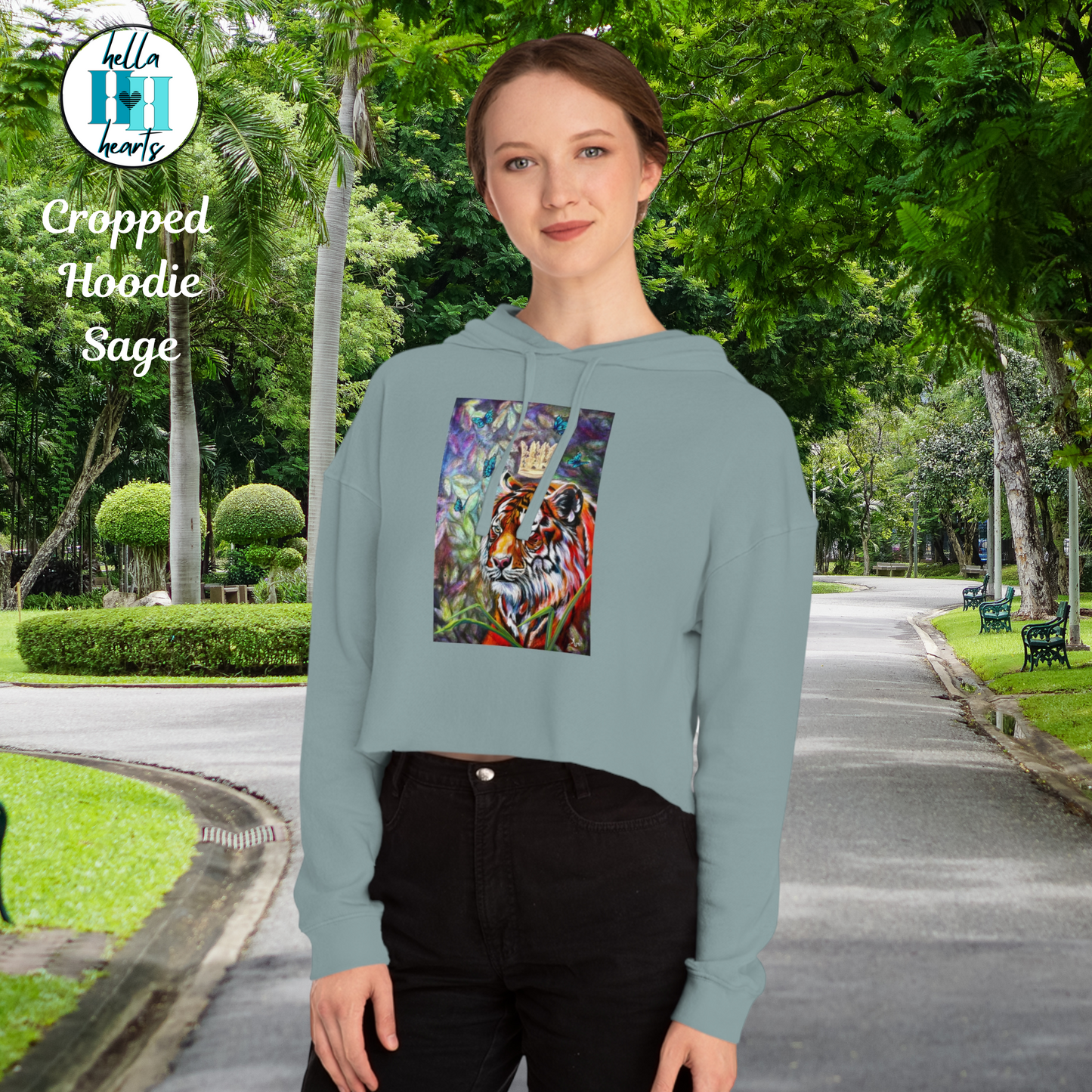 Tiger Cropped Hooded Sweatshirt - Mastery of Thought From Mama Mosaic Artworks