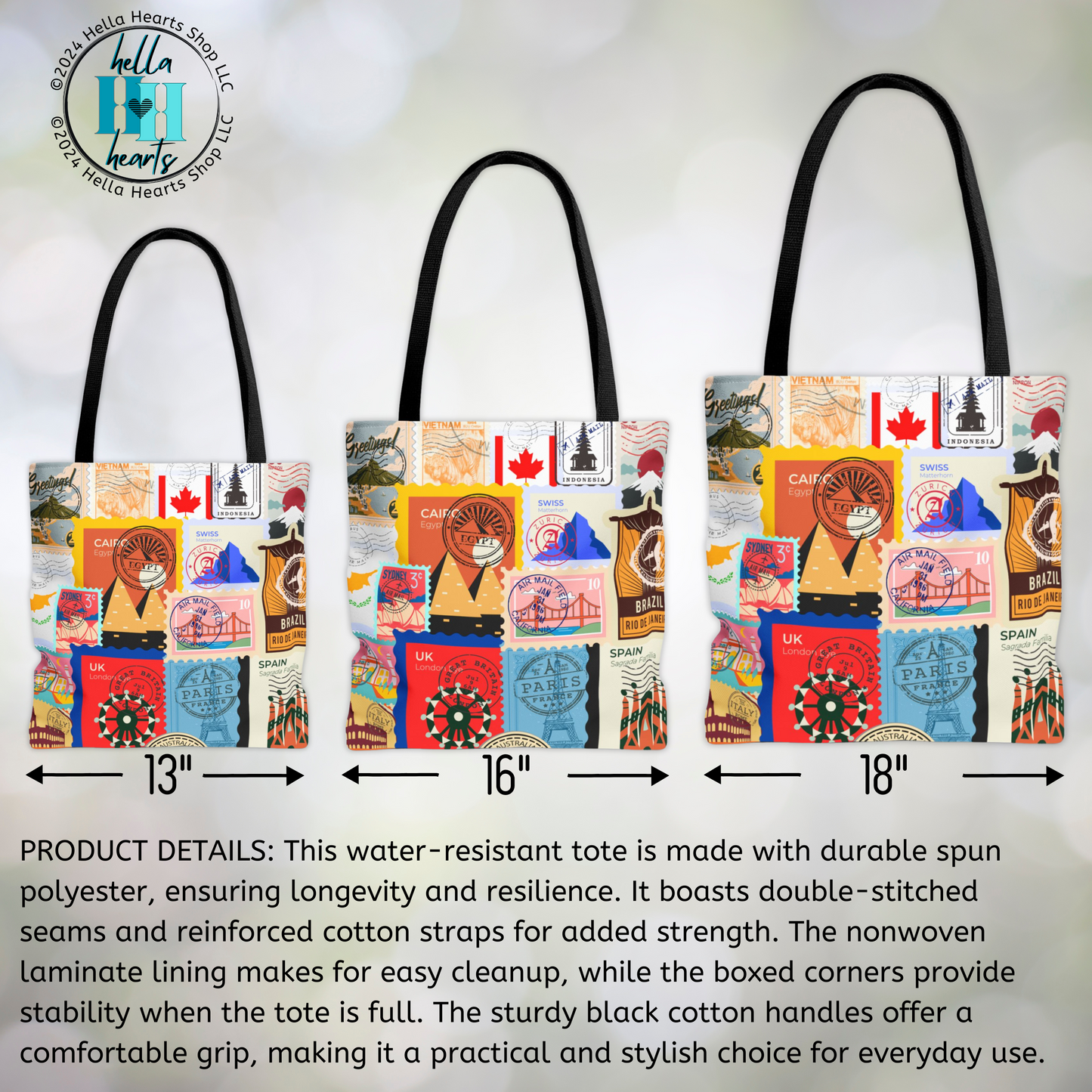 Travel Stamp Tote Bag - Water Resistant Tote - 3 Sizes