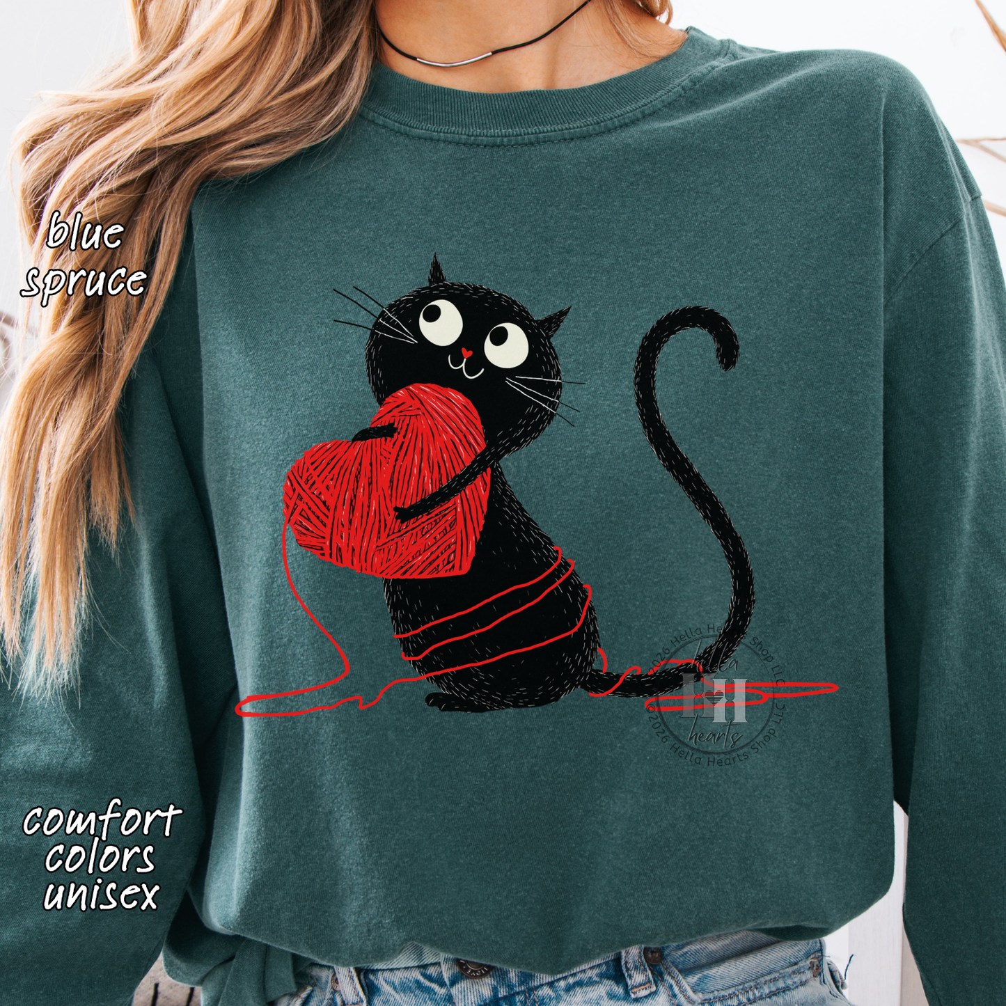 Black Cat Loves Yarn Shirt: Short or Long Sleeve, Comfort Colors, Unisex