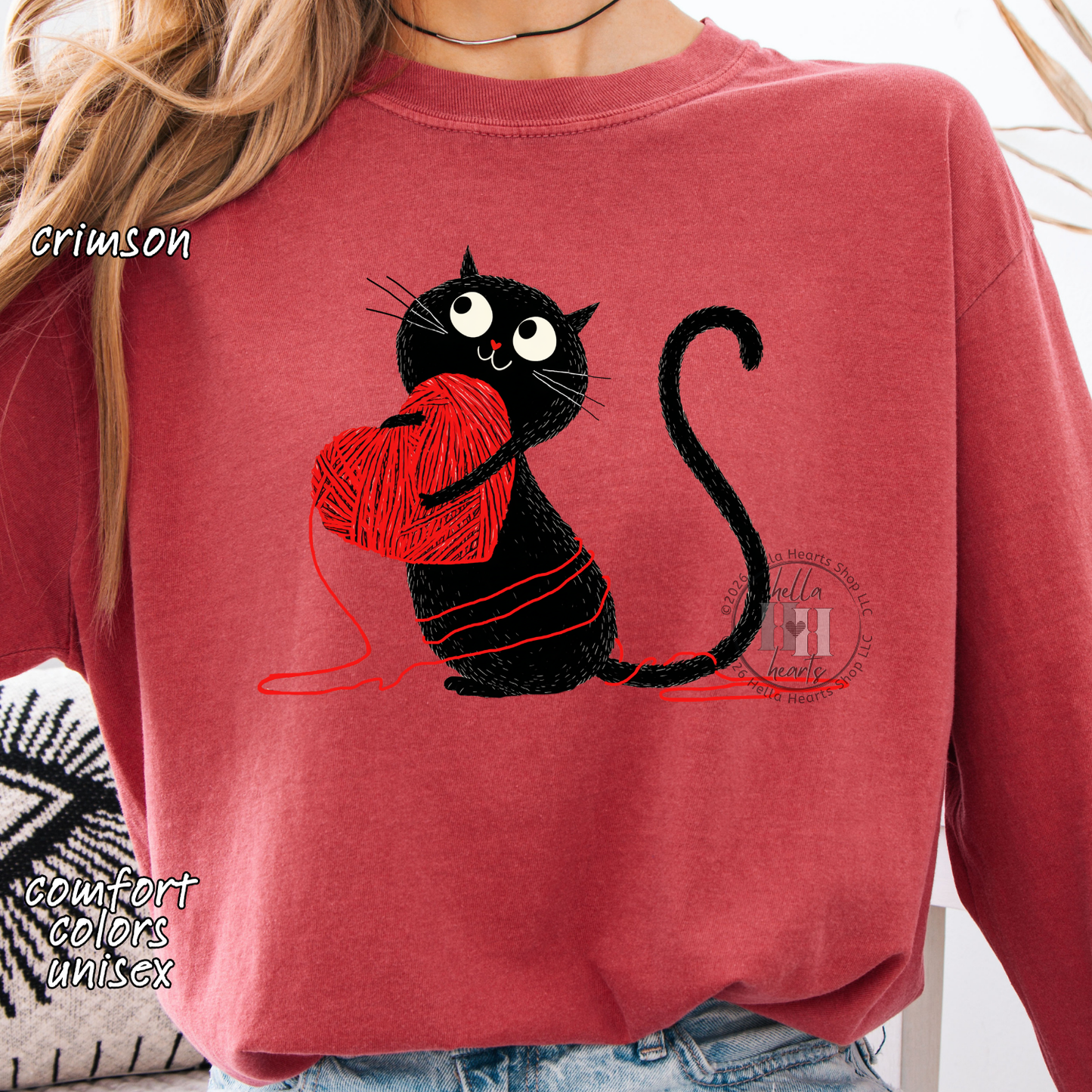 Black Cat Loves Yarn Shirt: Short or Long Sleeve, Comfort Colors, Unisex