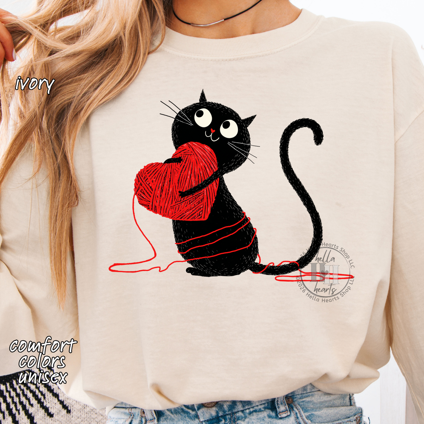 Black Cat Loves Yarn Shirt: Short or Long Sleeve, Comfort Colors, Unisex