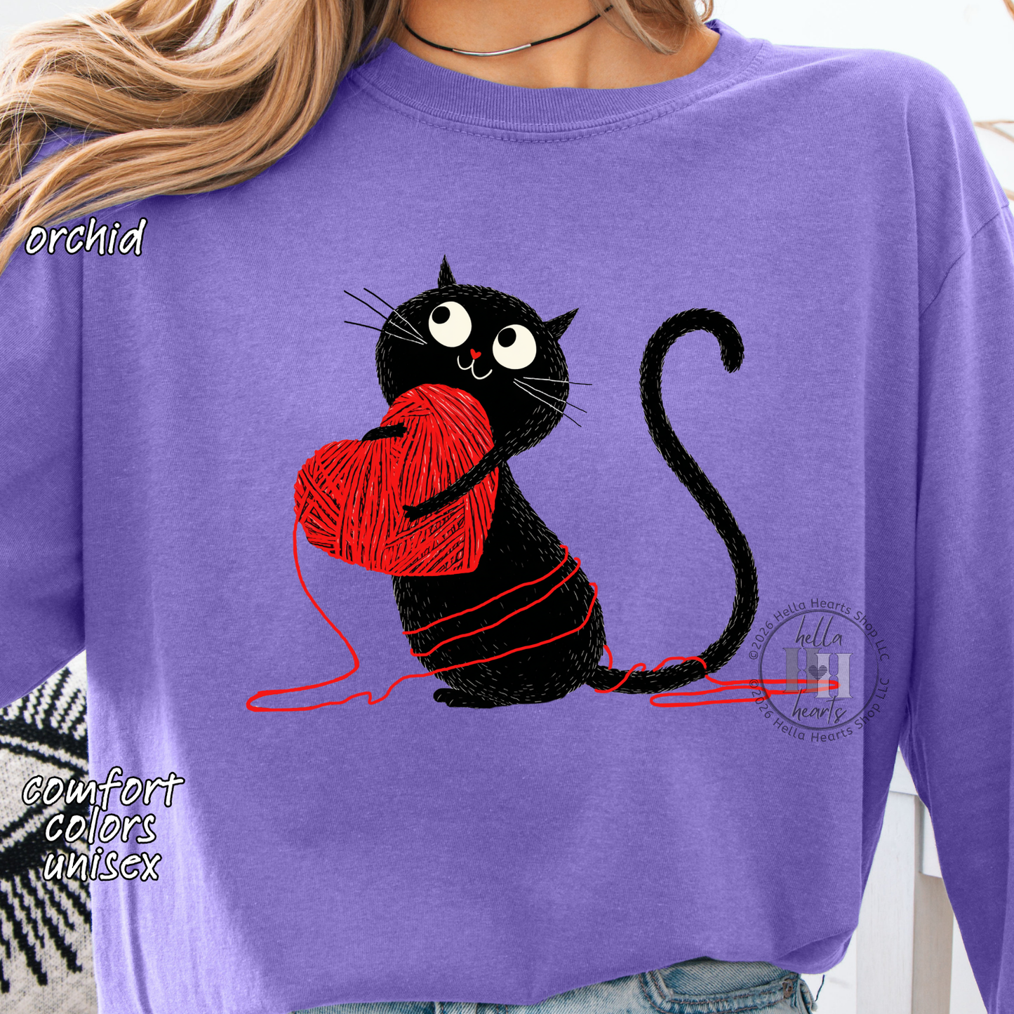 Black Cat Loves Yarn Shirt: Short or Long Sleeve, Comfort Colors, Unisex