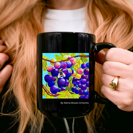 Bee Grapes Mug - Vineyard Bee from Mama Mosaic Artworks - 15 oz Black Glossy Ceramic Mug