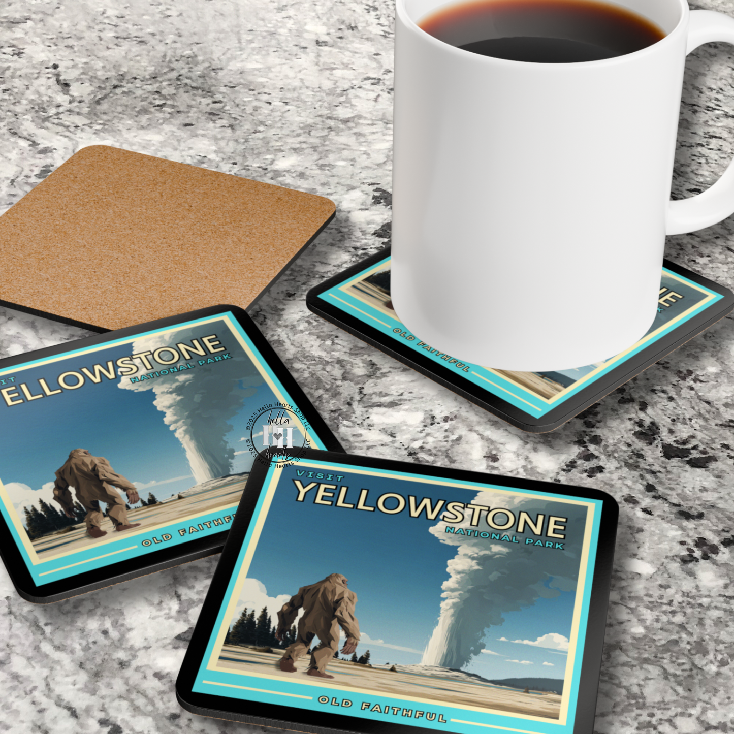 Sasquatch at National Parks Retro Travel Poster Coaster Set