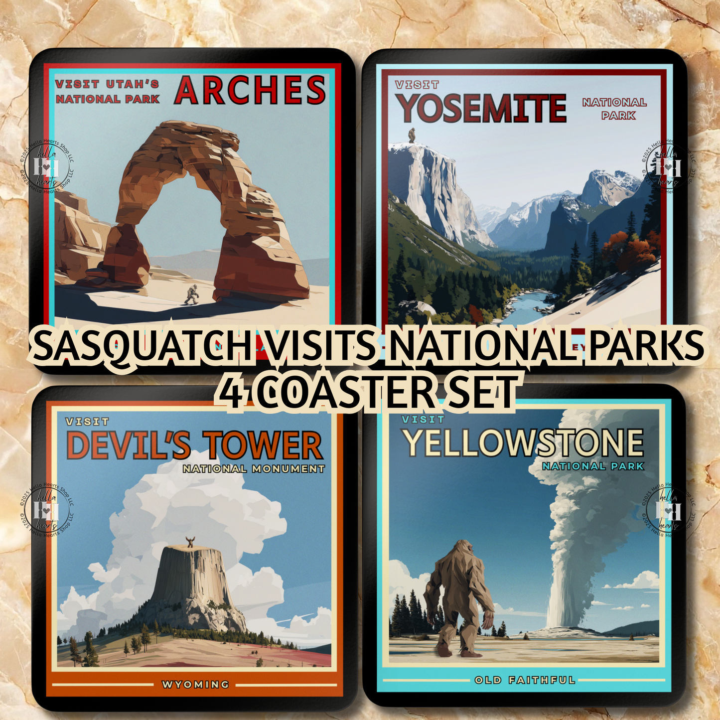 Sasquatch at National Parks Retro Travel Poster Coaster Set