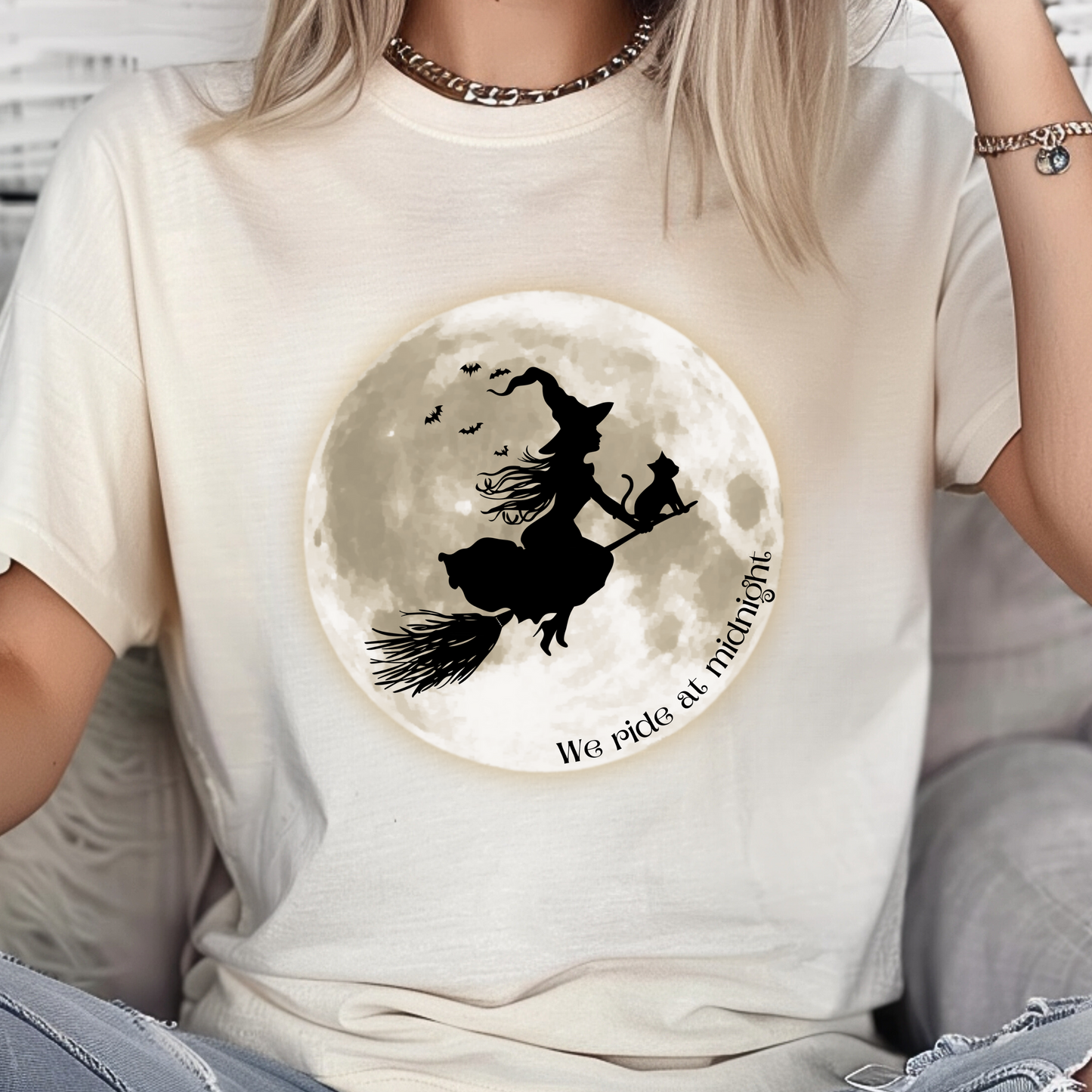 Witch and Her Cat Ride at Midnight TShirt - Comfort Colors Unisex Crew