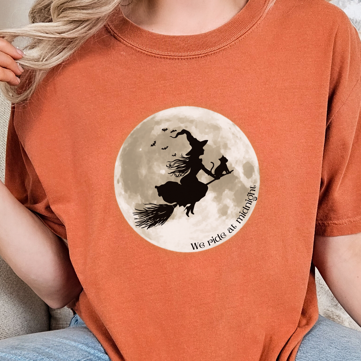 Witch and Her Cat Ride at Midnight TShirt - Comfort Colors Unisex Crew