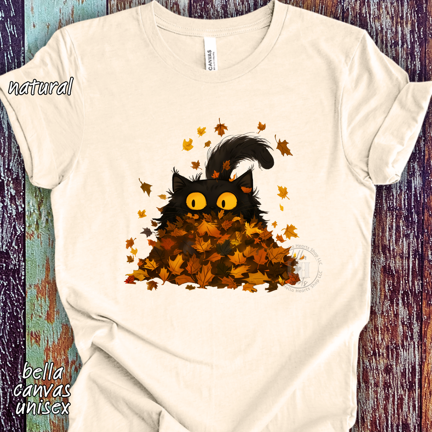 Black Cat Playing in Fall Leaves: Long Sleeve T-Shirt, Unisex