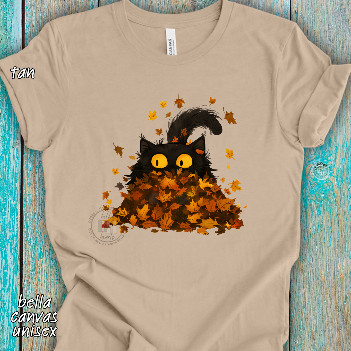 Black Cat Playing in Fall Leaves: Long Sleeve T-Shirt, Unisex