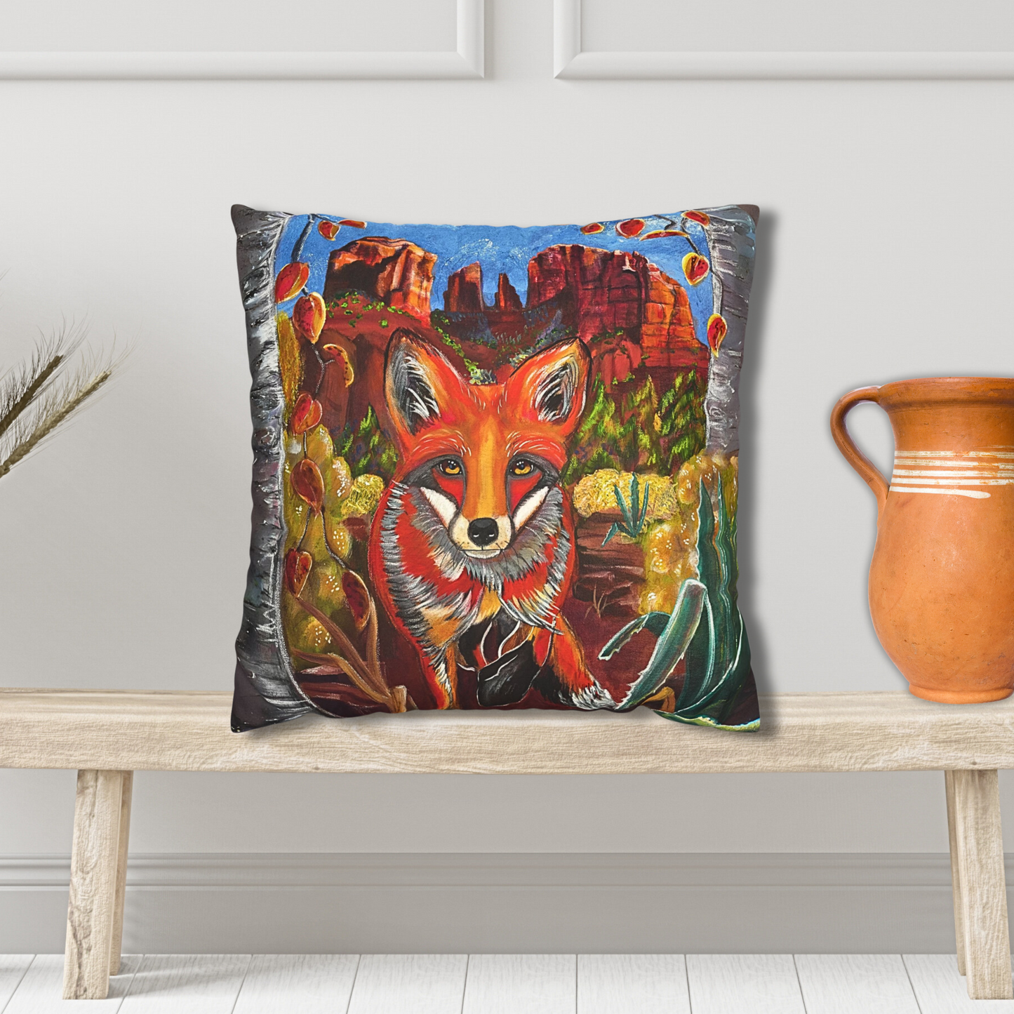 Sedona Fox Throw Pillow Cover - Faux Suede - 3 Sizes - Fox at Cathedral Rock from Mama Mosaic Artworks