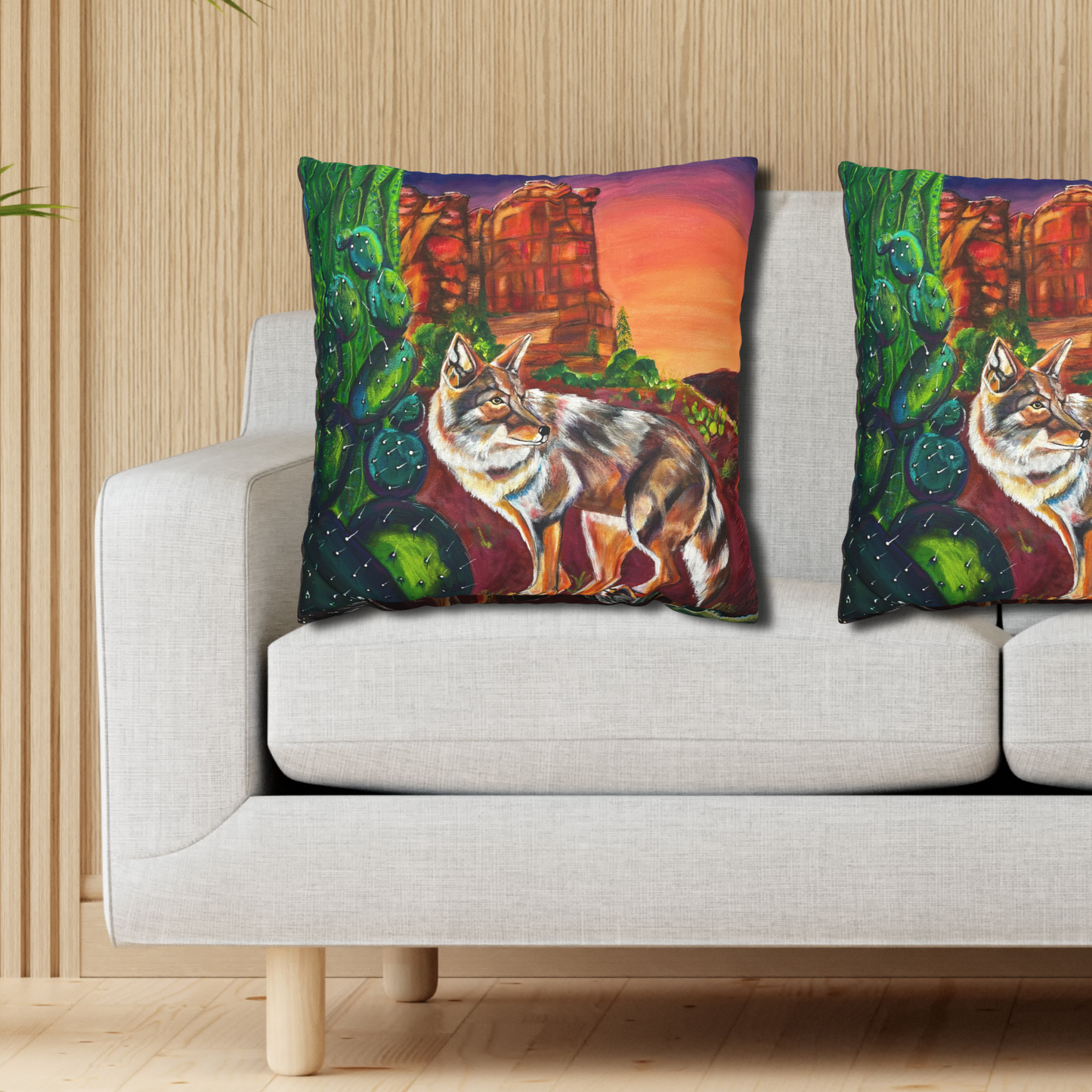 Sedona Coyote Throw Pillow Cover - Faux Suede - 3 Sizes - Coyote at Coffee Pot Rock from Mama Mosaic Artworks