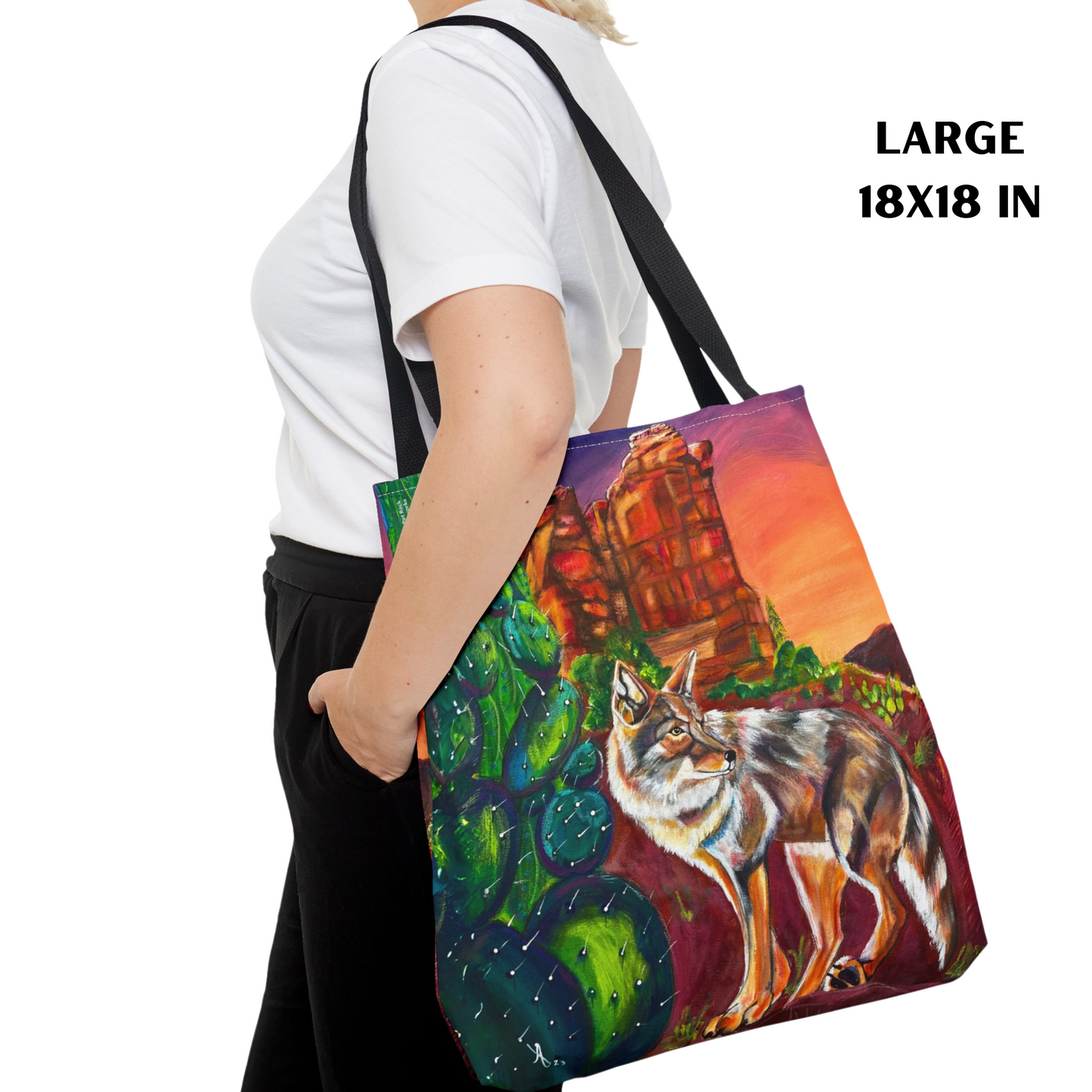 Sedona Coyote Tote Bag - 3 Sizes - Coyote at Coffee Pot Rock from Mama Mosaic Artworks