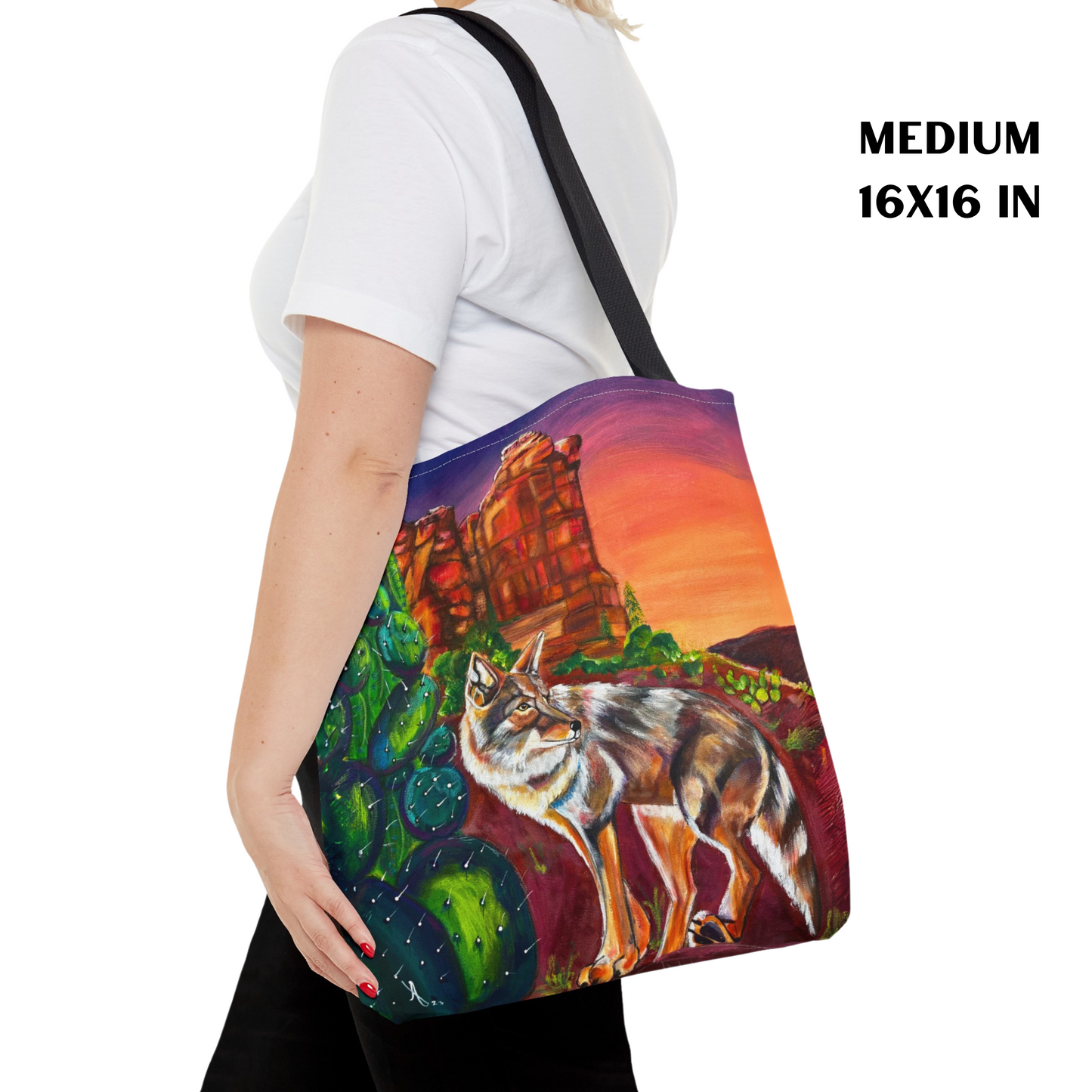 Sedona Coyote Tote Bag - 3 Sizes - Coyote at Coffee Pot Rock from Mama Mosaic Artworks