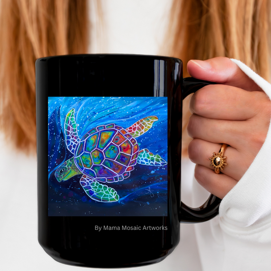 Sea Turtle Mug - Flying Turtle from Mama Mosaic Artworks - 15 oz Black Glossy Ceramic