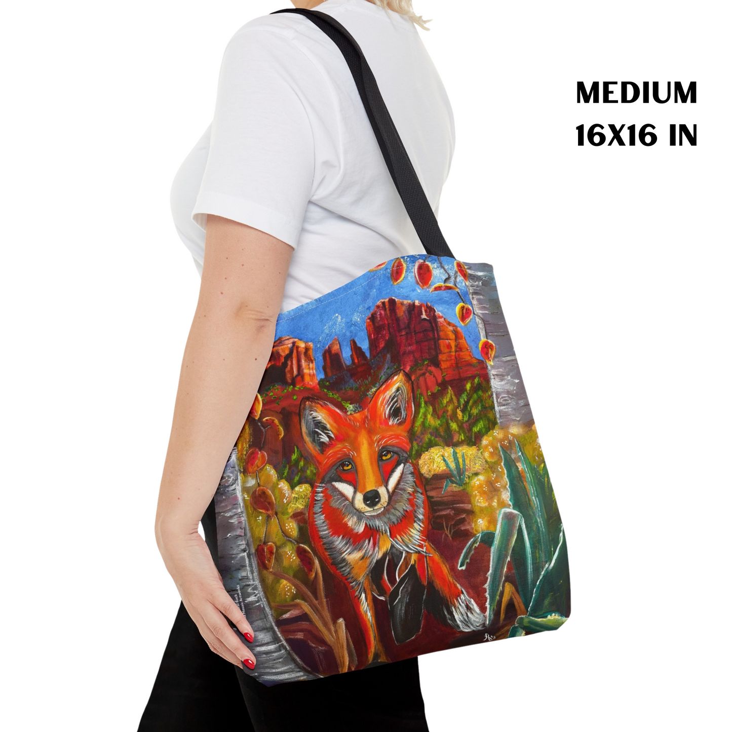 Sedona Fox Tote Bag - 3 Sizes - Fox at Cathedral Rock from Mama Mosaic Artworks