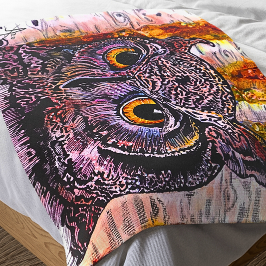 Horned Owl Blanket - Velveteen Plush Throw - Portrait of an Owl from Mama Mosaic Artworks