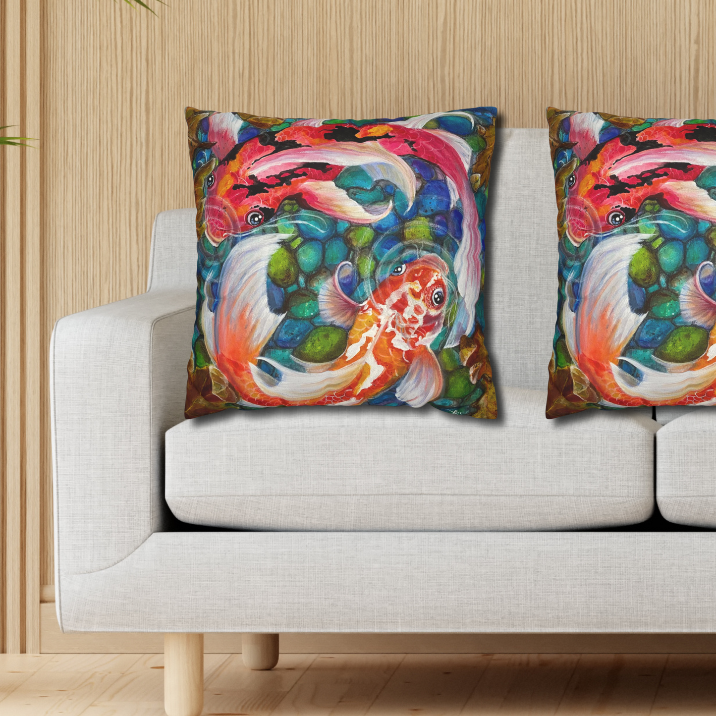 Koi Throw Pillow Cover - Faux Suede - 3 Sizes - Koi Pond from Mama Mosaic Artworks
