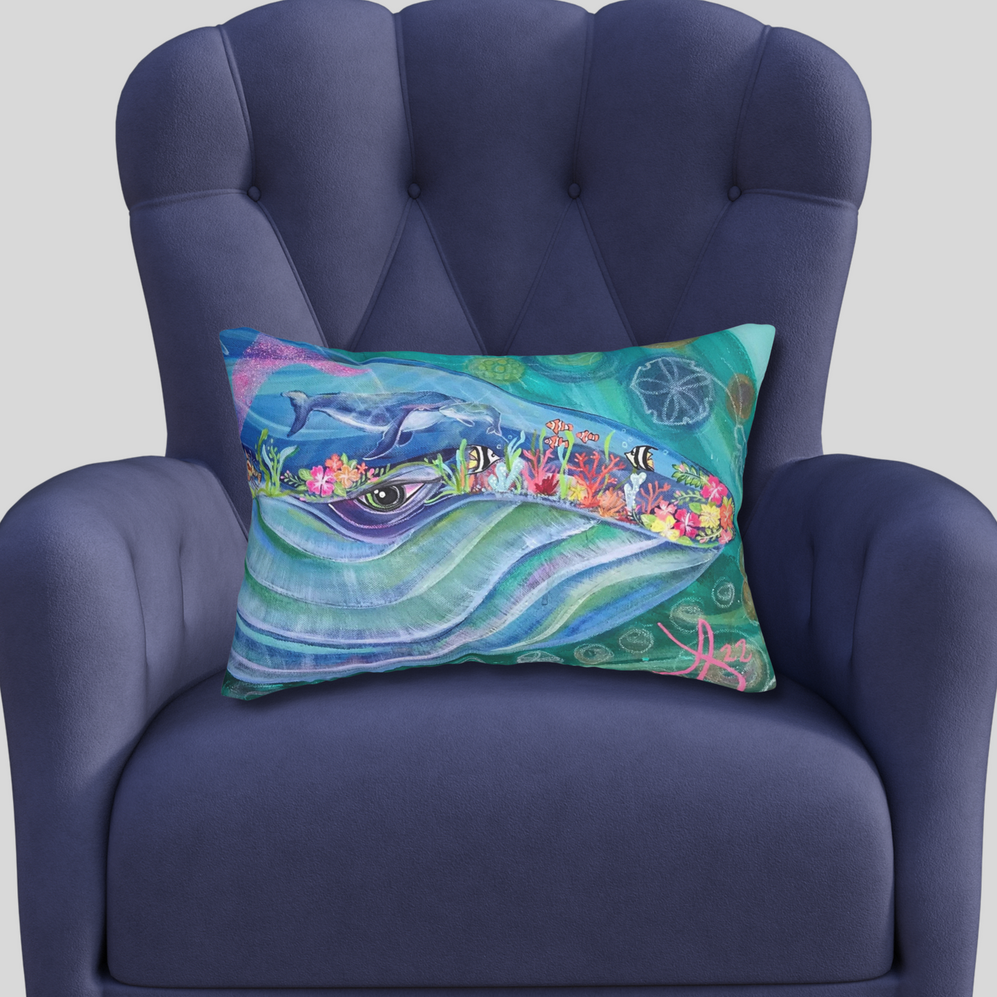 Blue Whale Lumbar Pillow and Cover - 20x14" - Mama Blue and Baby Whale from Mama Mosaic Artworks