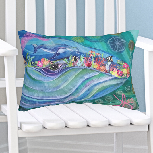 Blue Whale Lumbar Pillow and Cover - 20x14" - Mama Blue and Baby Whale from Mama Mosaic Artworks