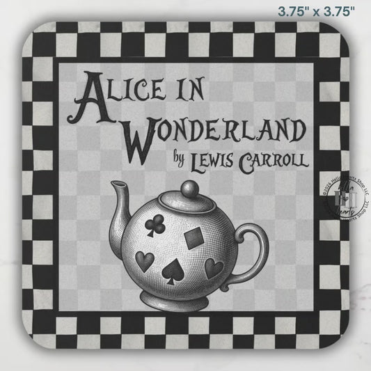 Chessboard BW Alice in Wonderland Coasters,  Bookish Gift, Classic Lit, Cork Back