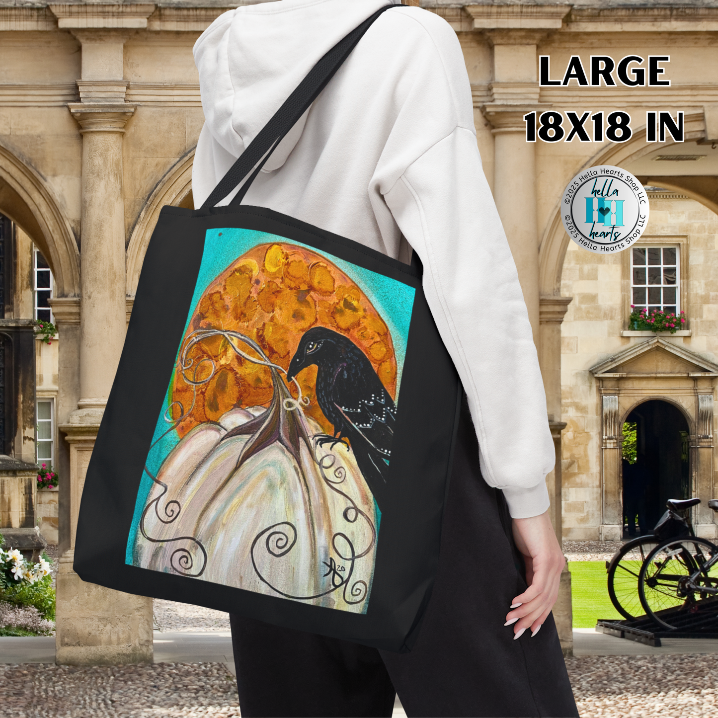 Raven Tote Bag - Original Art, Raven and White Pumpkin from Mama Mosaic Artworks - 3 Sizes