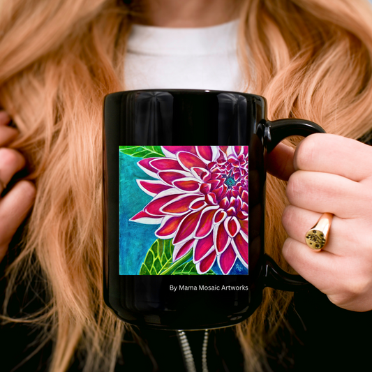 Zinnia Mug - Zinnia from Mama Mosaic Artworks - 15 oz Black Glossy Ceramic